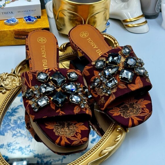 🆕 TORY BURCH 🧿 NWOT Martine 25mm Slide, Burgundy & Gold Jacquard, Sz 7 - Picture 5 of 16